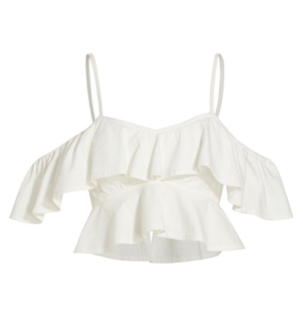 Isabel Marant Etoile White Denim Voloteo Ruffle Off Shoulder Crop Top Sz 38 US 6